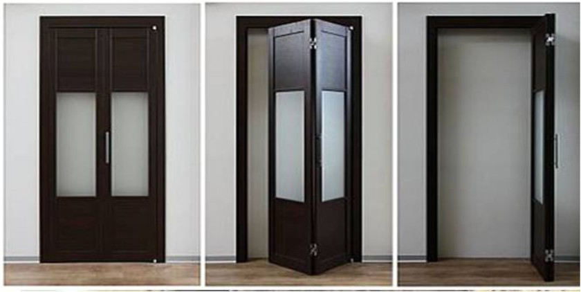 Шпонированные двери гармошка с матовыми стеклянными вставками Костанай